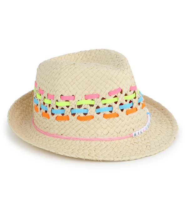 Fedora hat in straw with beaded cord