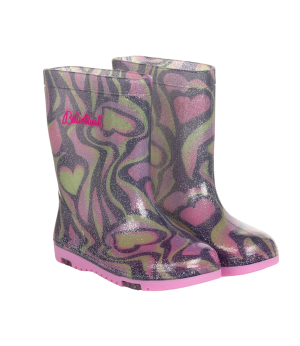 Girls Pink & Green heart Glittery Rain Boots