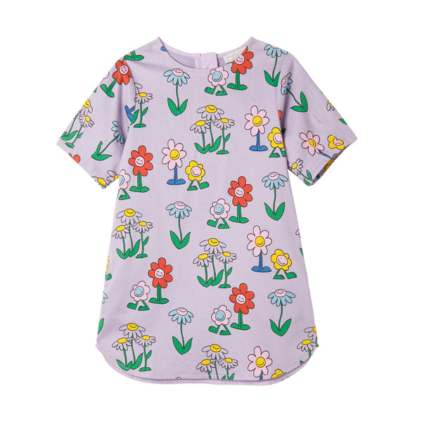 Girl Short Sleeve Flowers Gabardine Dress