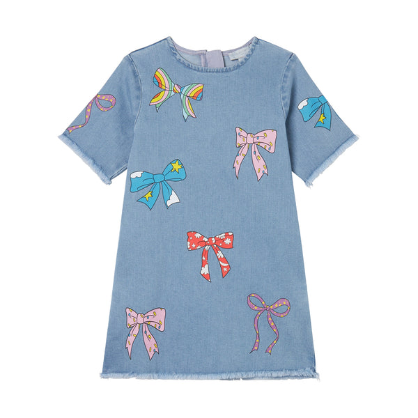 Girl Short Sleeve Denim Dress with Multicolor Bows Print