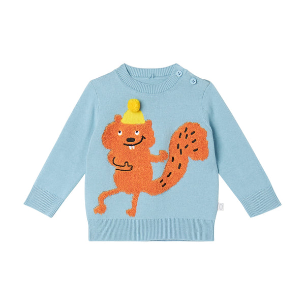 Baby Boy Sweater with Squirrel and Pom Pom Hat