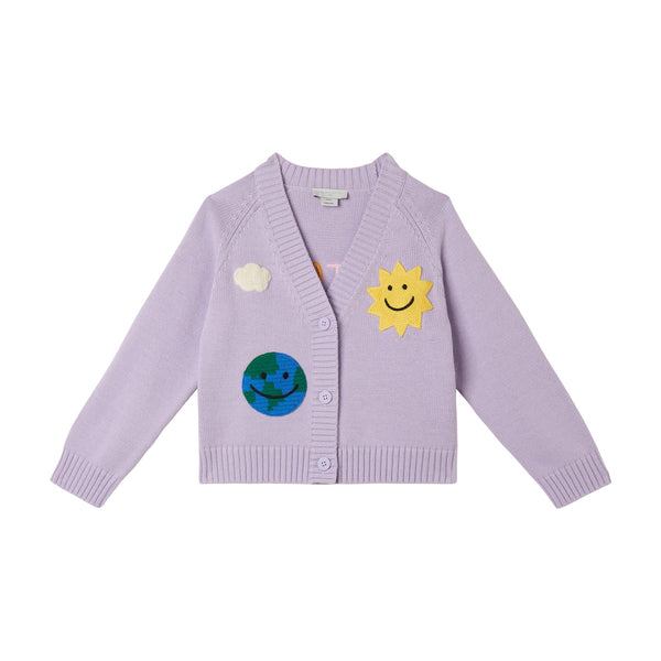 Girl Cardigan with Stay Earthy Crochet Patches