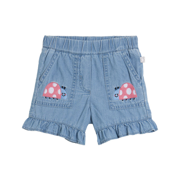 BABY GIRL CHAMBRAY SHORTS WITH LADYBUG EMBRO